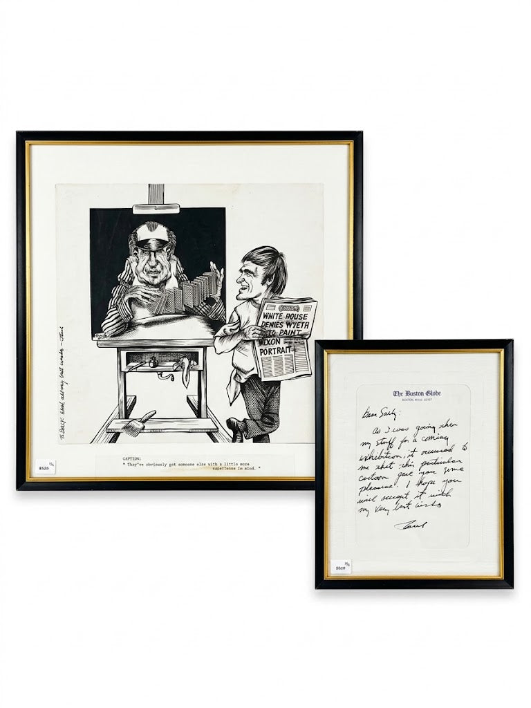 Original 1970s Political Cartoon Featuring Maine Master Andrew Wyeth— Complete 2-Piece Matched Set with Signed Provenance Note