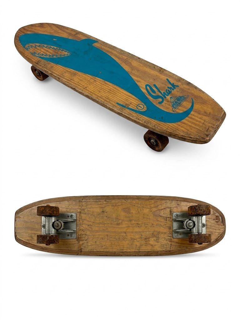 Vintage 1960s Nash "Shark" Wooden Skateboard – Original Steel Wheels & Graphic Deck