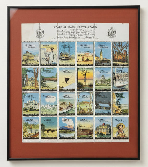 Vintage 1940 Complete Sheet of 24 Maine Poster Stamps - Framed "Vacationland" Series