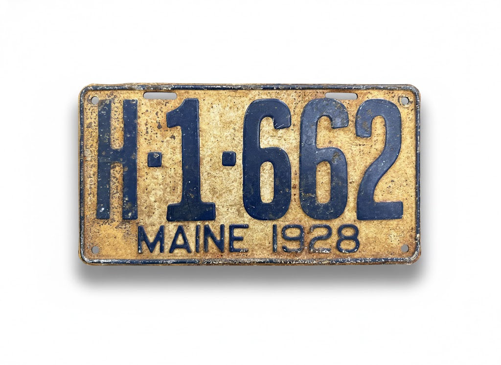 Antique 1928 Maine License Plate – Authentic Weathered Blue & Gold Patina