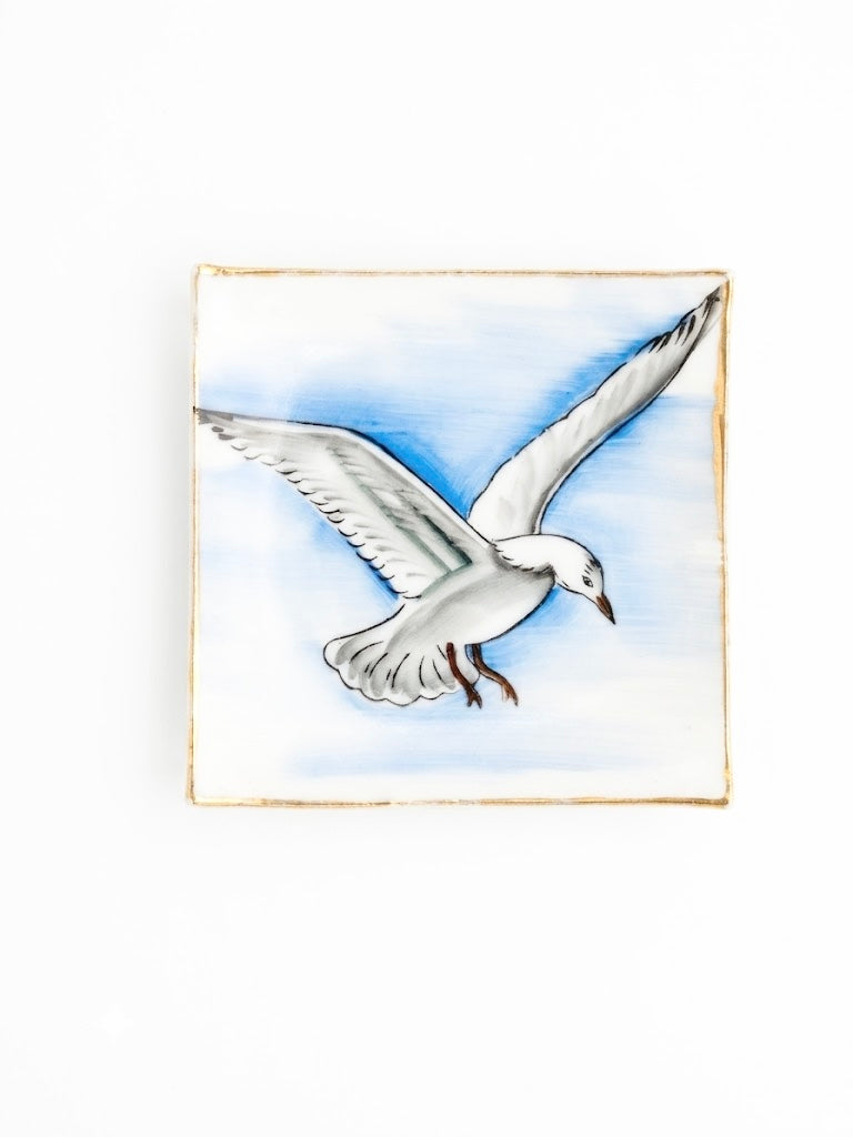 Vintage Hand-Painted Porcelain Seagull Trinket & Ring Dish with Gold Trim