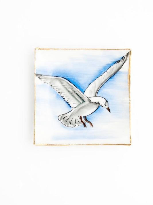 Vintage Hand-Painted Porcelain Seagull Trinket & Ring Dish with Gold Trim