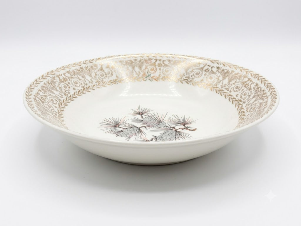 Vintage Mid-Century Porcelain Pinecone Serving Bowl with Gold Filigree Trim (c. 1950s–1960s)