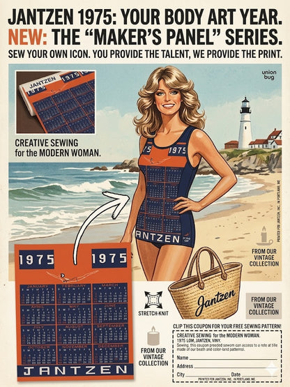1975 Vintage Jantzen "Diving Girl" Calendar Fabric – Rare Swimwear Textile Treasure
