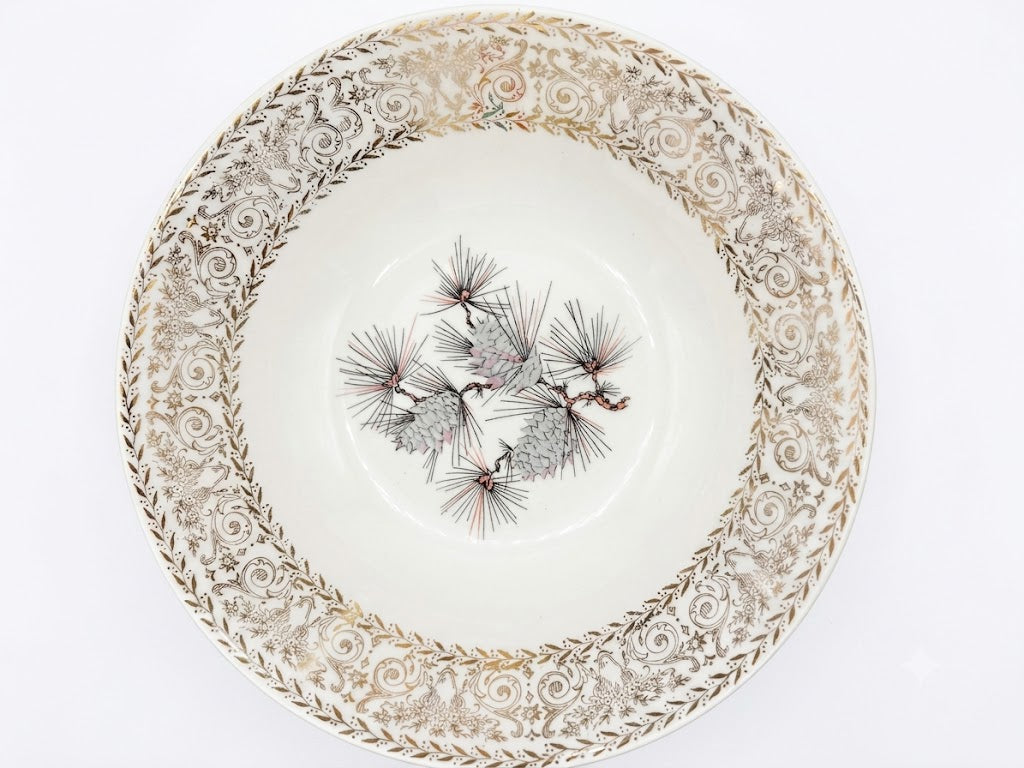 Vintage Mid-Century Porcelain Pinecone Serving Bowl with Gold Filigree Trim (c. 1950s–1960s)