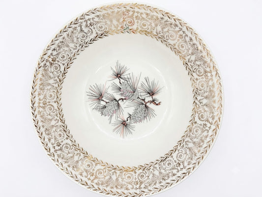 Vintage Mid-Century Porcelain Pinecone Serving Bowl with Gold Filigree Trim (c. 1950s–1960s)