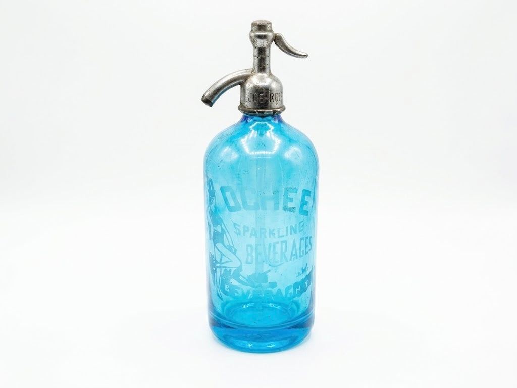 Rare Antique Blue Glass Seltzer Bottle – Ochee Sparkling Beverages Pin-Up Girl Etching