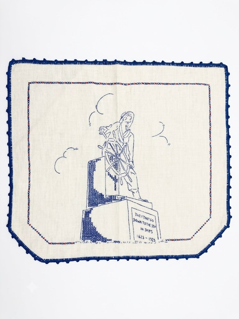 Vintage Hand-Embroidered Gloucester Fisherman's Memorial Linen Mat / Towel
