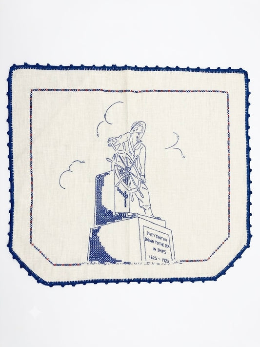 Vintage Hand-Embroidered Gloucester Fisherman's Memorial Linen Mat / Towel