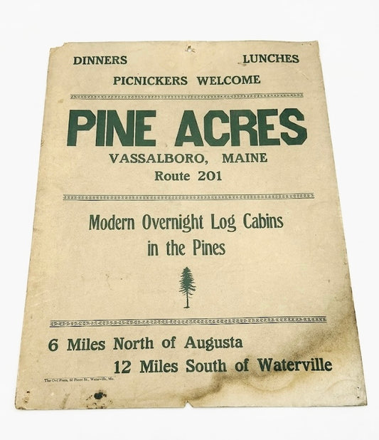Vintage Pine Acres Maine Cabin Sign, circa 1950s