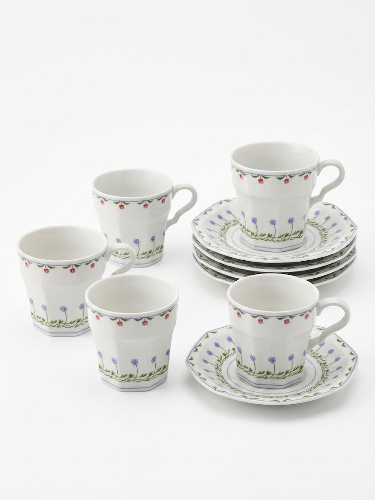 Vintage Mikasa "Younger than Springtime" Octagonal Tea Cups & Saucers Set of 6