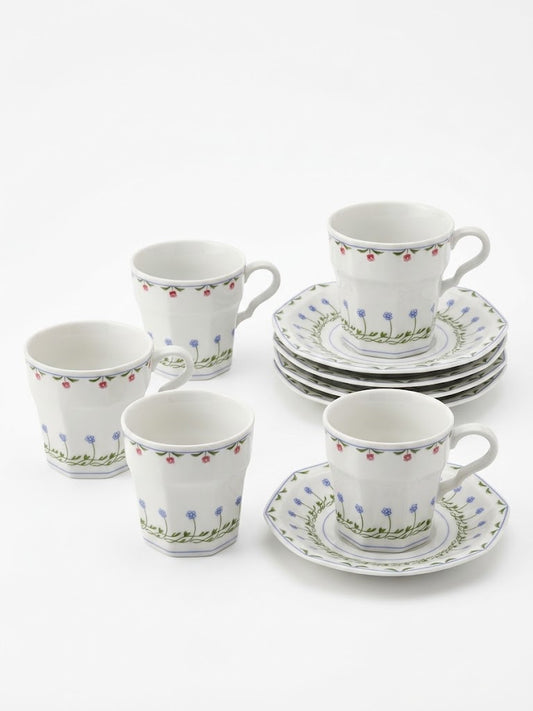 Vintage Mikasa "Younger than Springtime" Octagonal Tea Cups & Saucers Set of 6