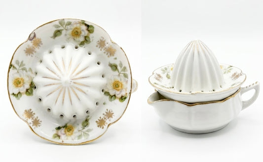 Antique Victorian Hand-Painted Porcelain Citrus Juicer & Catcher Bowl Set