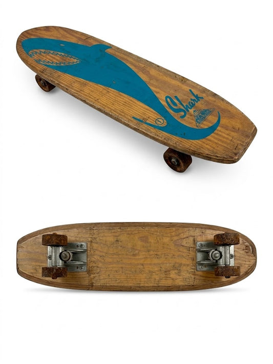 Vintage 1960s Nash "Shark" Wooden Skateboard – Original Steel Wheels & Graphic Deck