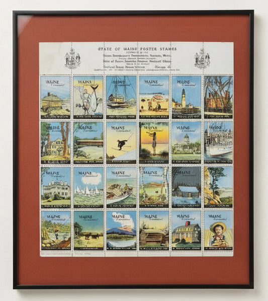 Vintage 1940 Complete Sheet of 24 Maine Poster Stamps - Framed "Vacationland" Series