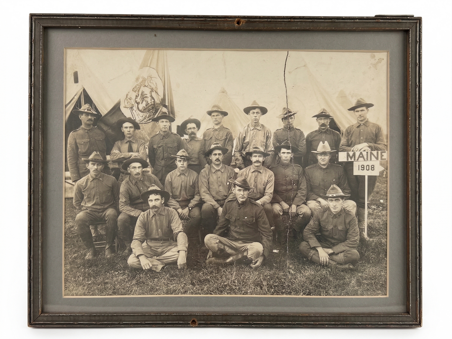 Original 1908 Framed Military Encampment Photo - Maine Soldiers w/ State Seal Flag - 1900s Militia