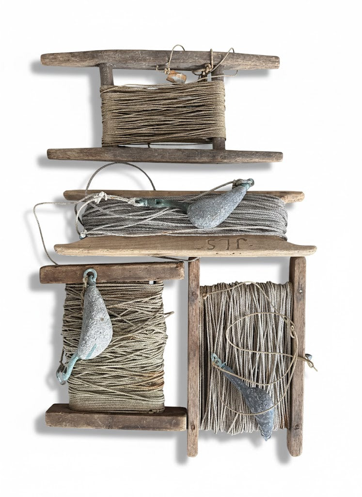 Antique Wooden Fishing Handline Spools - Set of 4 Maritime Folk Art Decor