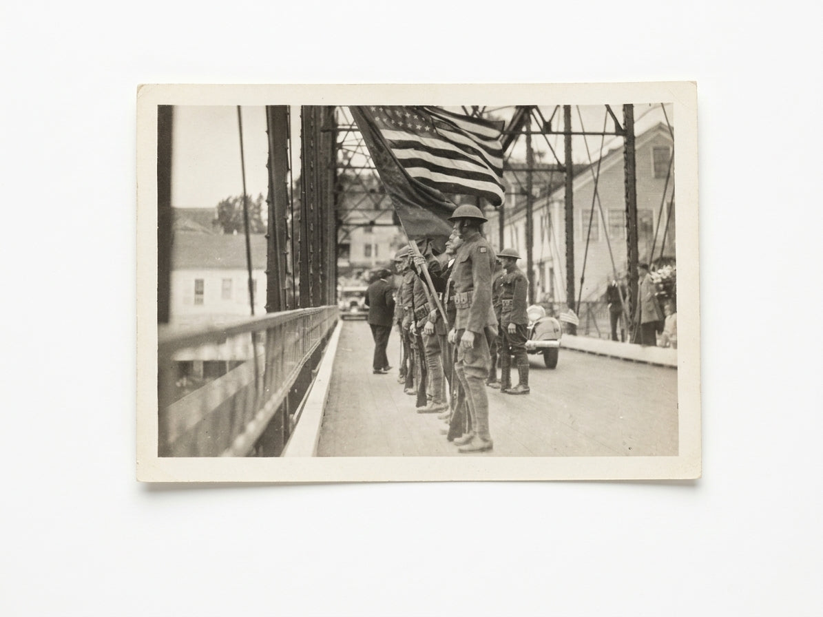 Original WWI Parade Photo - Soldiers Color Guard on Damariscotta Maine Bridge